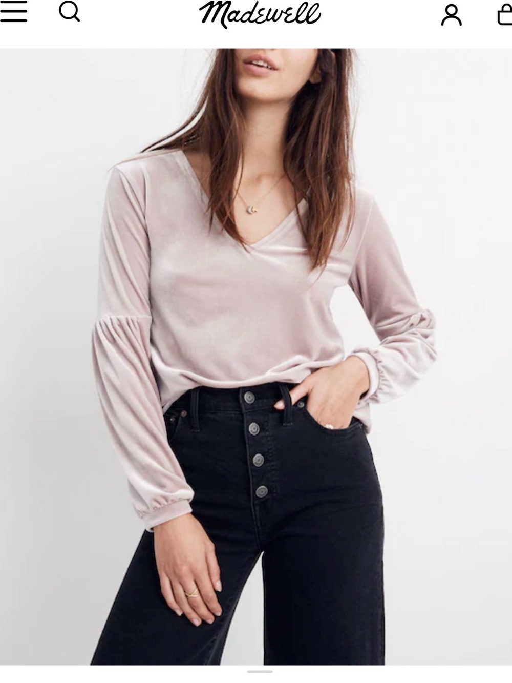 Madewell Dusty Blush Velvet V-Neck Long-Sleeve Top